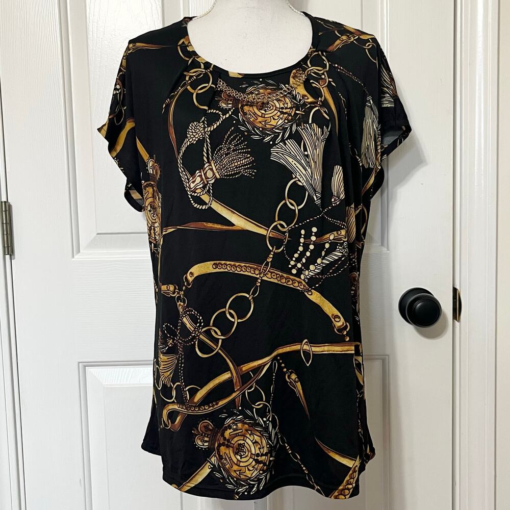 Anna Morgan Black Gold Baroque Chain Rope Print Blouse Luxe Euro Chic Top 2X